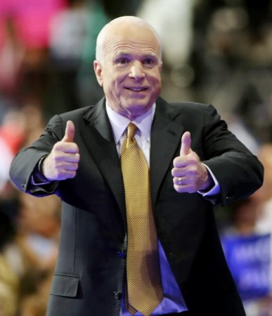 ST. PAUL, MN - SEPTEMBER 04:  Republican U.S presidential nominee U.S. Sen. John McCain (R-AZ) gives two thumbs up after speaking during day four of the Republican National Convention (RNC) at the Xcel Energy Center September 4, 2008 in St. Paul, Minnesota. U.S. Sen. John McCain (R-AZ) accepted the GOP nomination for U.S. President Thursday night.  (Photo by Ethan Miller/Getty Images)